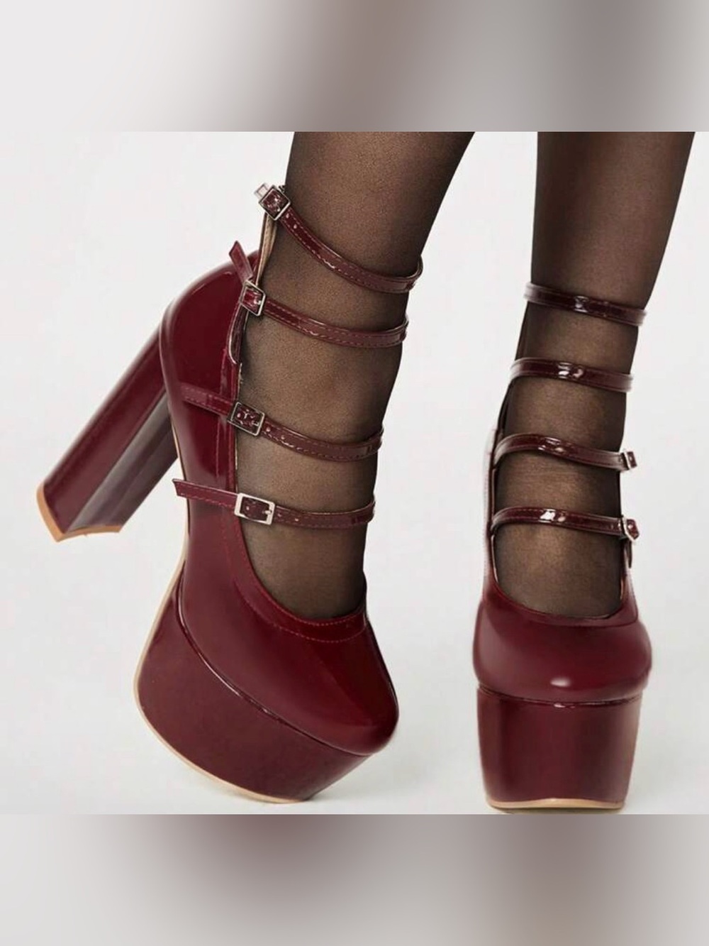 Women’s Burgundy Patent Platform Mary Jane Heels with Strappy Buckles